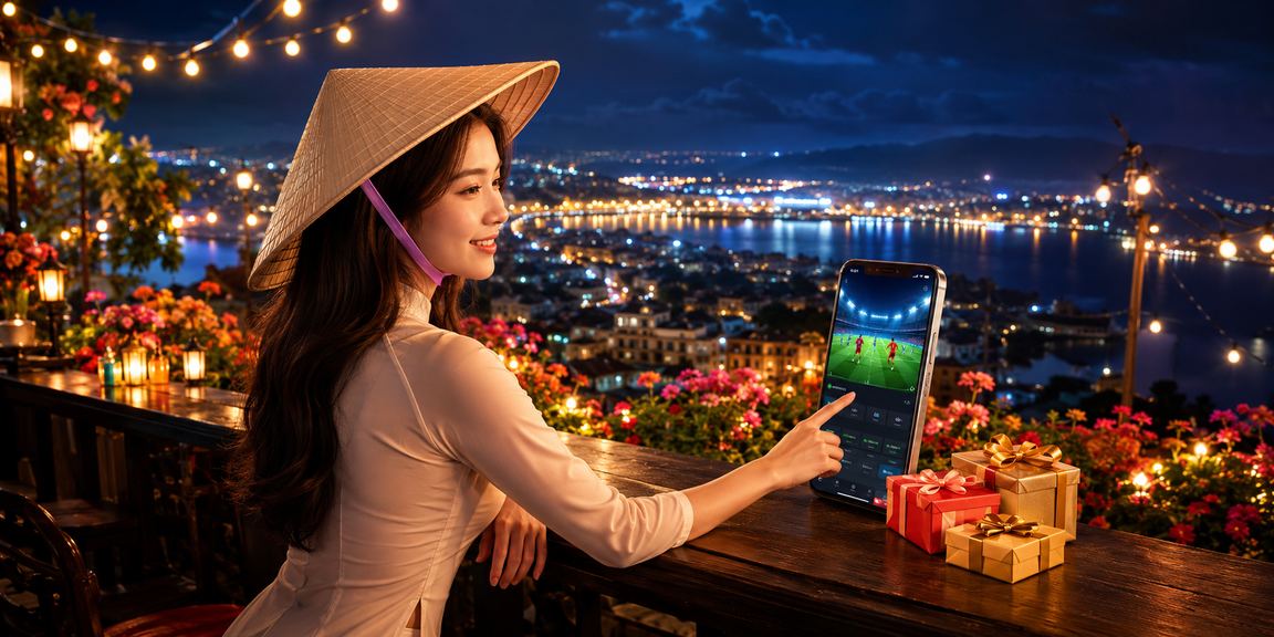 Trải nghiệm mobile casino tại Đà Lạt – người dùng dùng điện thoại với nón lá truyền thống